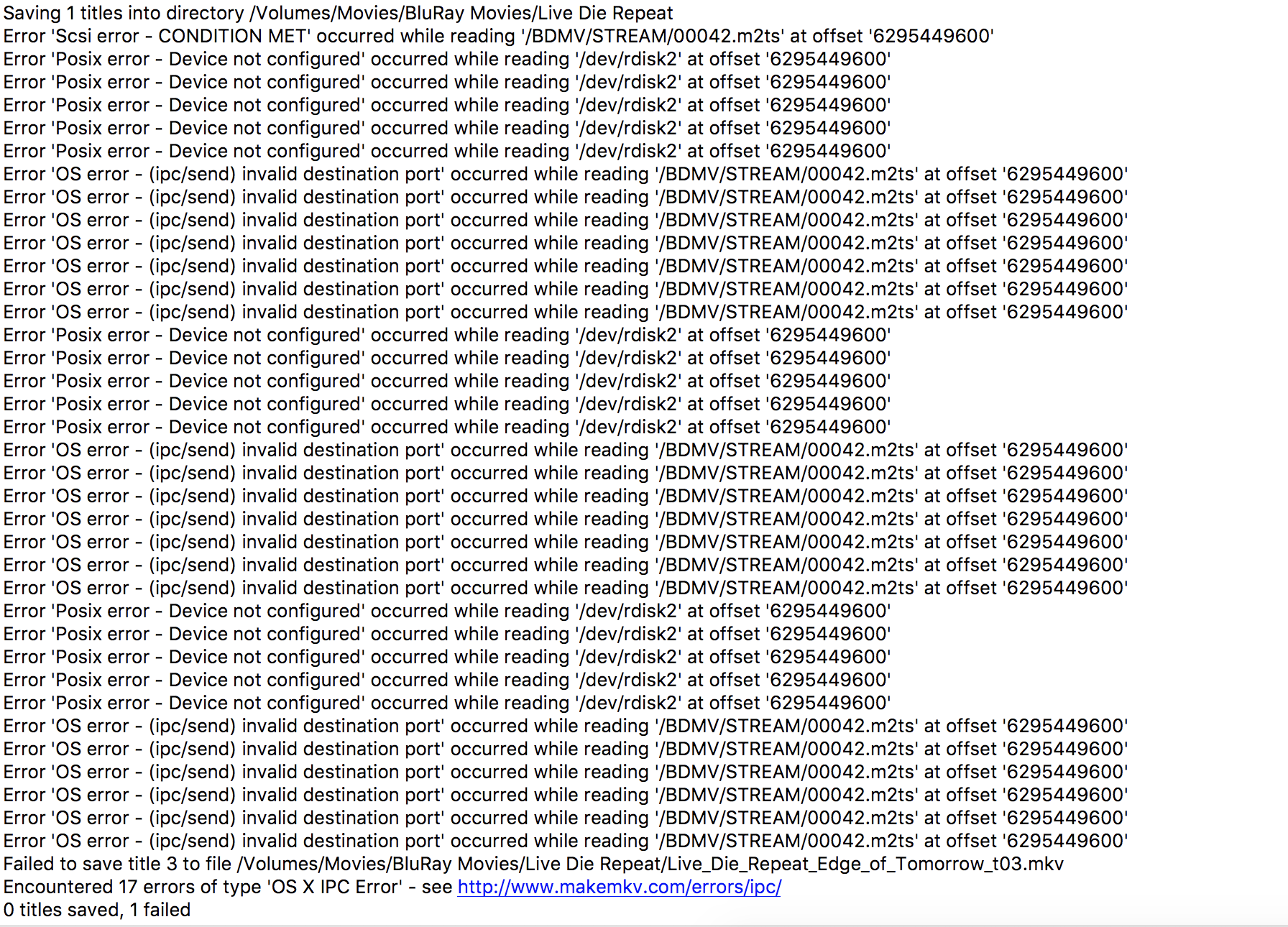 Screen dump of error message